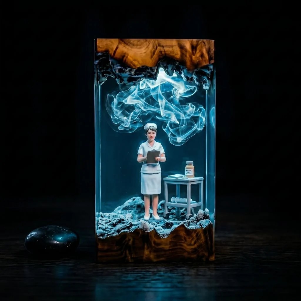 Nurse resin lamp glowing cool blue