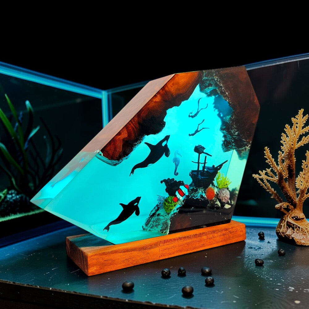 Ocean Lamp — Orca Whales, Shipwreck & Scuba Divers with Seahorse and Clownfish, Wood Base - view 2