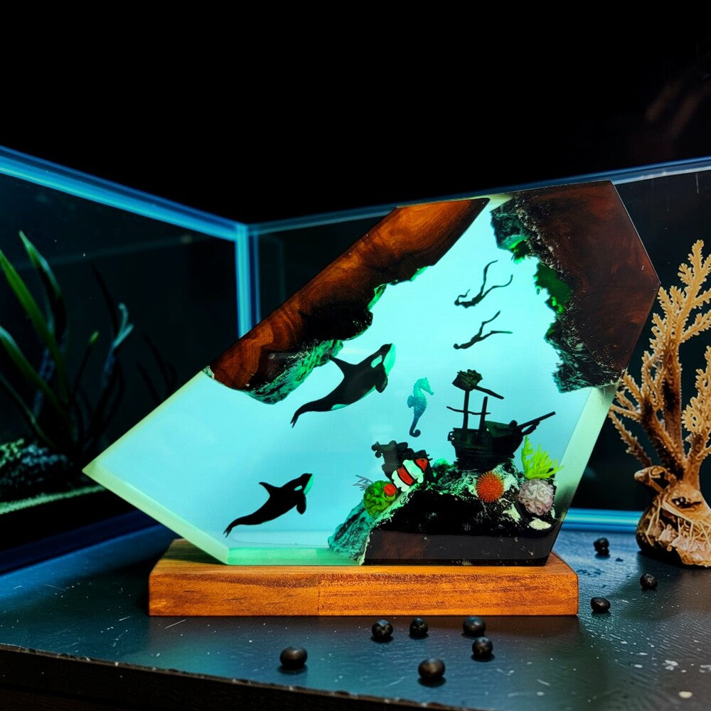 Ocean Lamp — Orca Whales, Shipwreck & Scuba Divers with Seahorse and Clownfish, Wood Base - view 3
