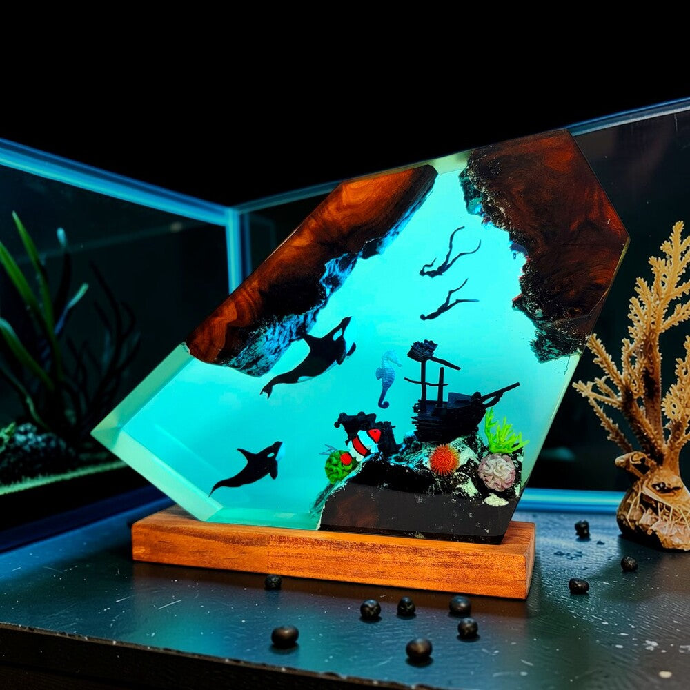 Ocean Lamp — Orca Whales, Shipwreck & Scuba Divers with Seahorse and Clownfish, Wood Base - view 4