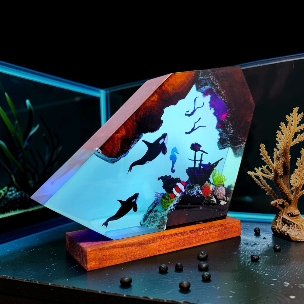 Ocean Lamp — Orca Whales, Shipwreck & Scuba Divers with Seahorse and Clownfish, Wood Base - view 5
