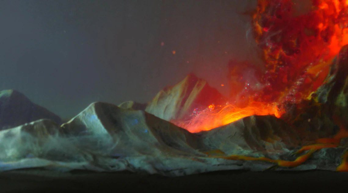 Mountain range and lava glow inside the volcano resin lamp