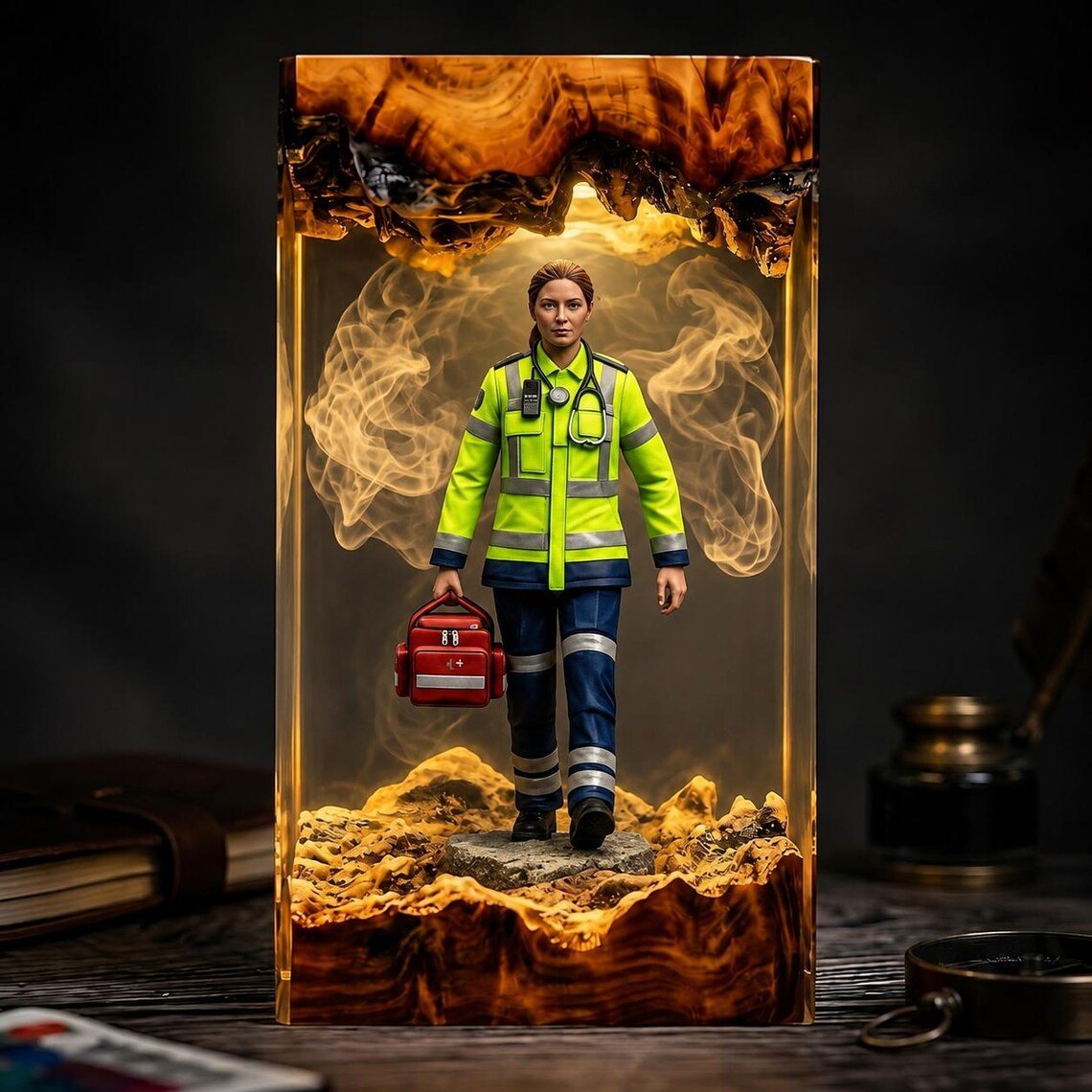 Paramedic resin lamp glowing warm amber