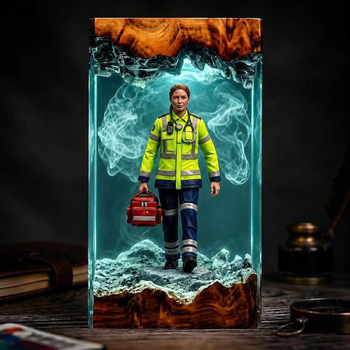 Paramedic resin lamp glowing teal