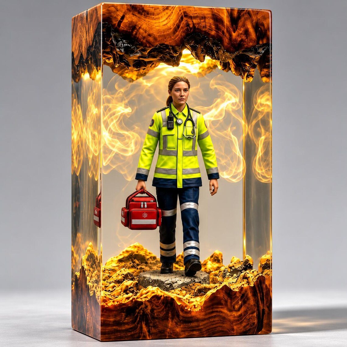 Paramedic resin lamp on a light background, warm glow