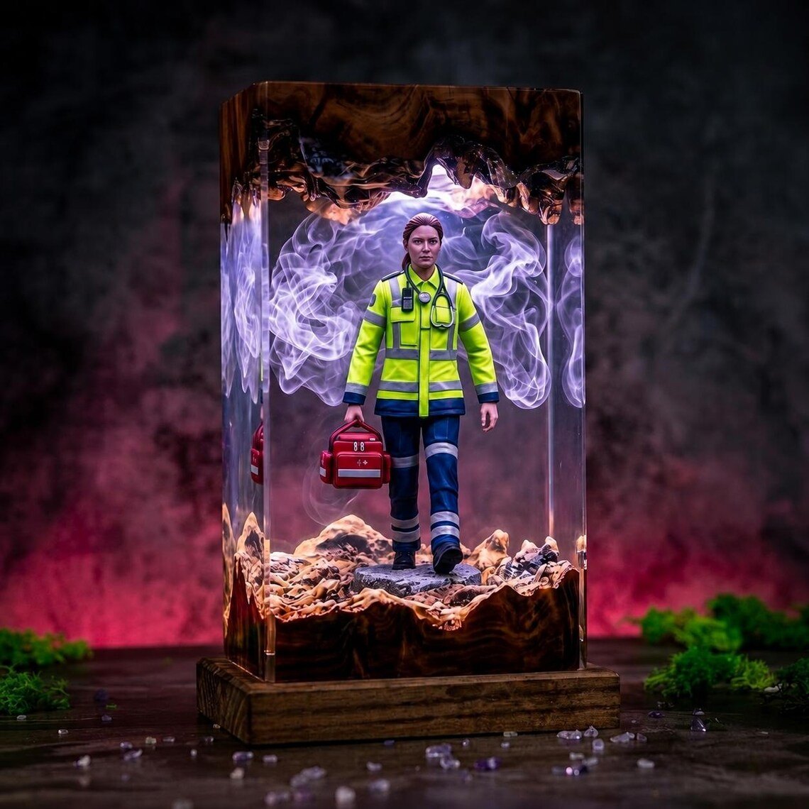 Paramedic resin lamp on a wooden stand with violet smoke