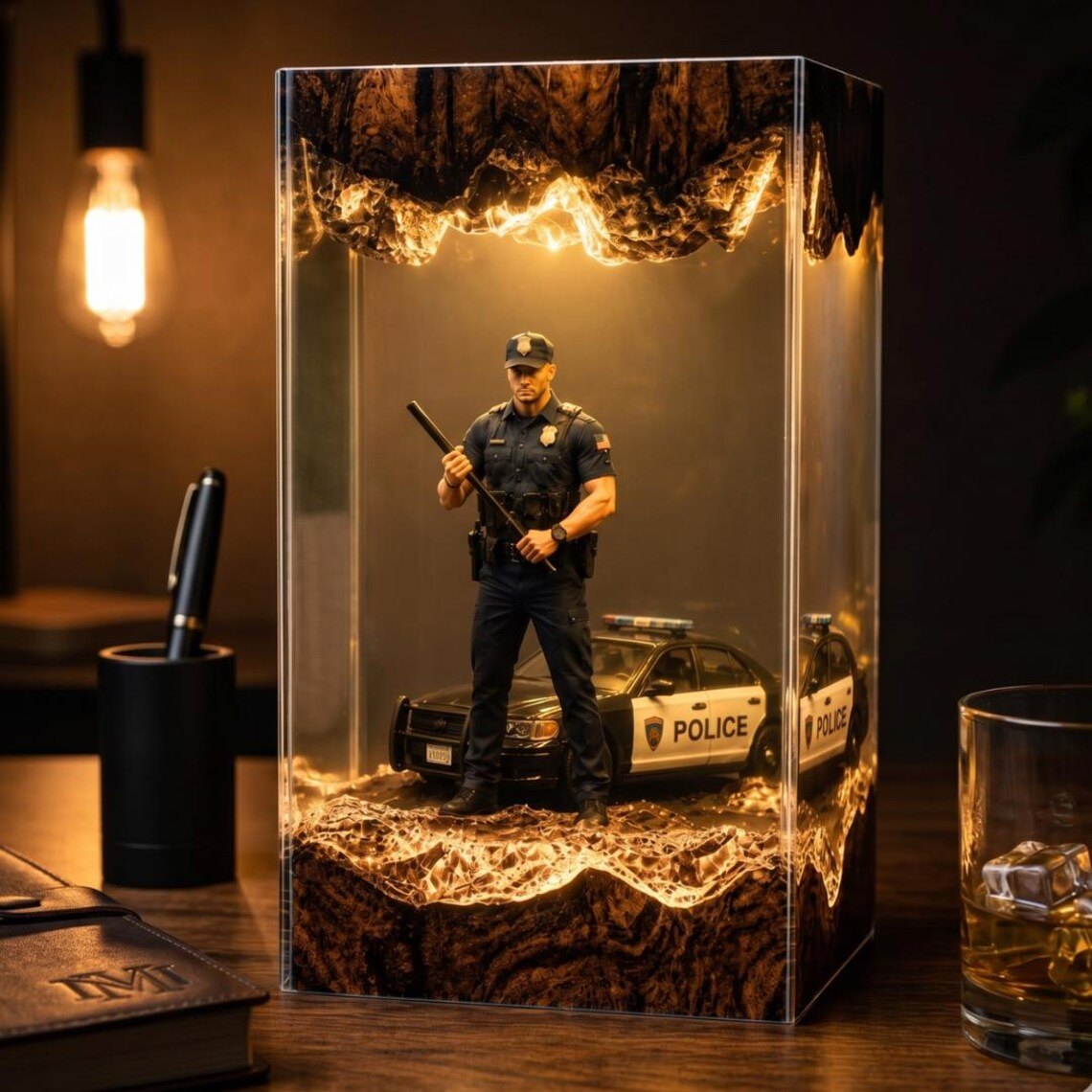 Police officer resin lamp in warm amber light with patrol car