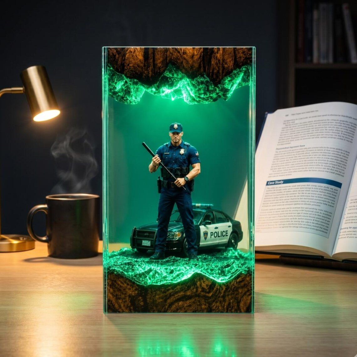 Police officer resin lamp glowing green on a desk