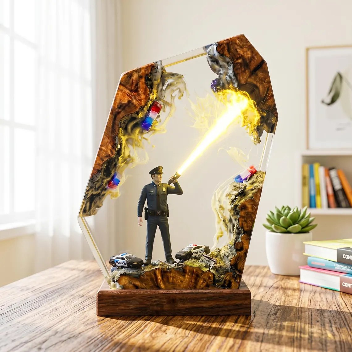 Police officer resin lamp in daylight on a wooden desk