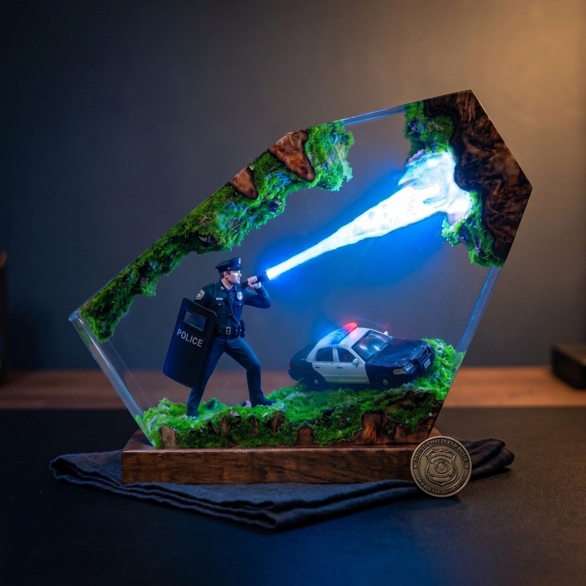 Police resin lamp with riot shield officer and patrol car, blue beam