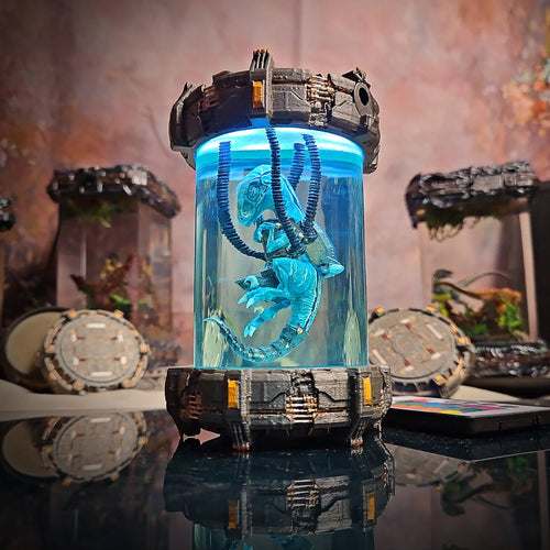 Raptor specimen capsule lamp glowing cyan on a sci-fi base