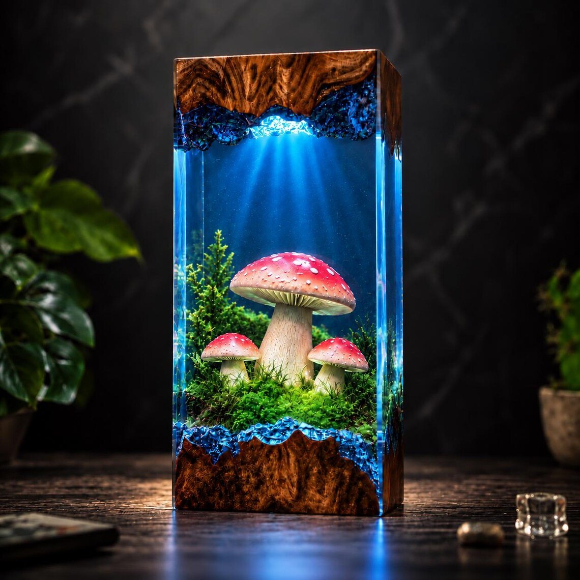 Mushroom resin lamp glowing blue with red-capped mushrooms