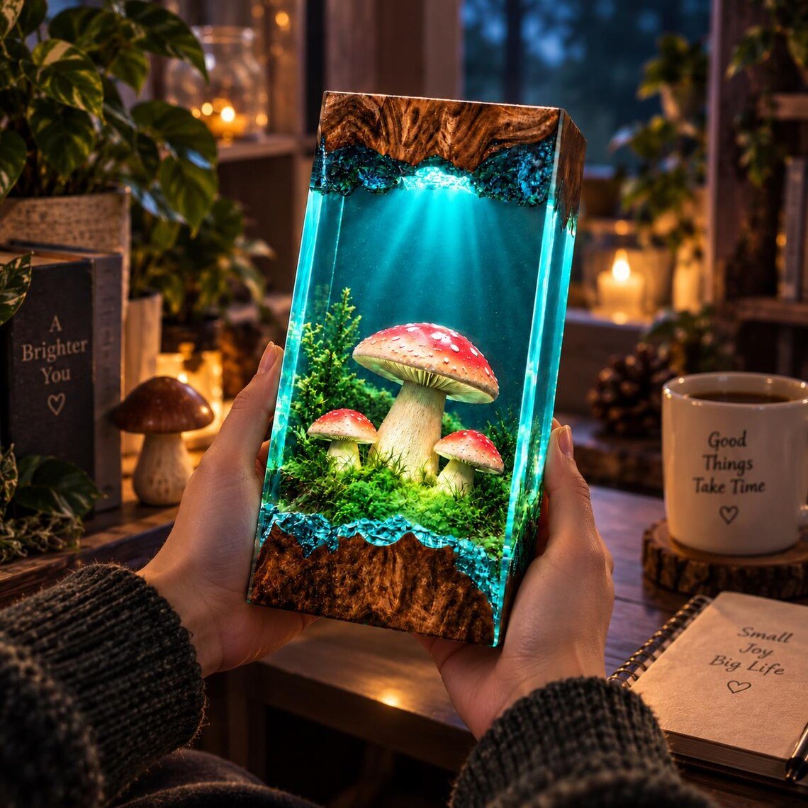 Mushroom resin lamp held in hands, glowing teal