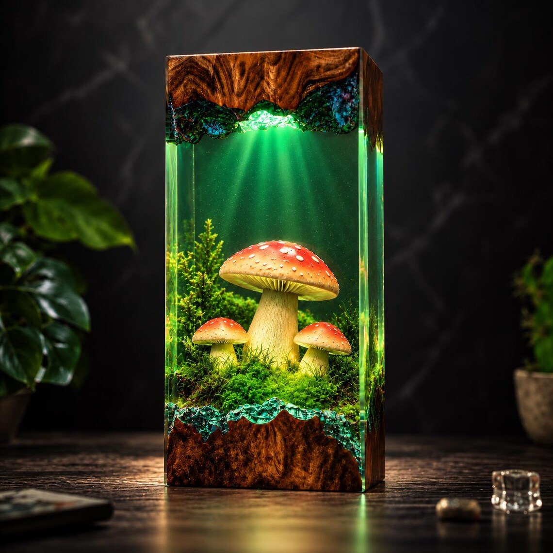 Mushroom resin lamp glowing green with moss and pines