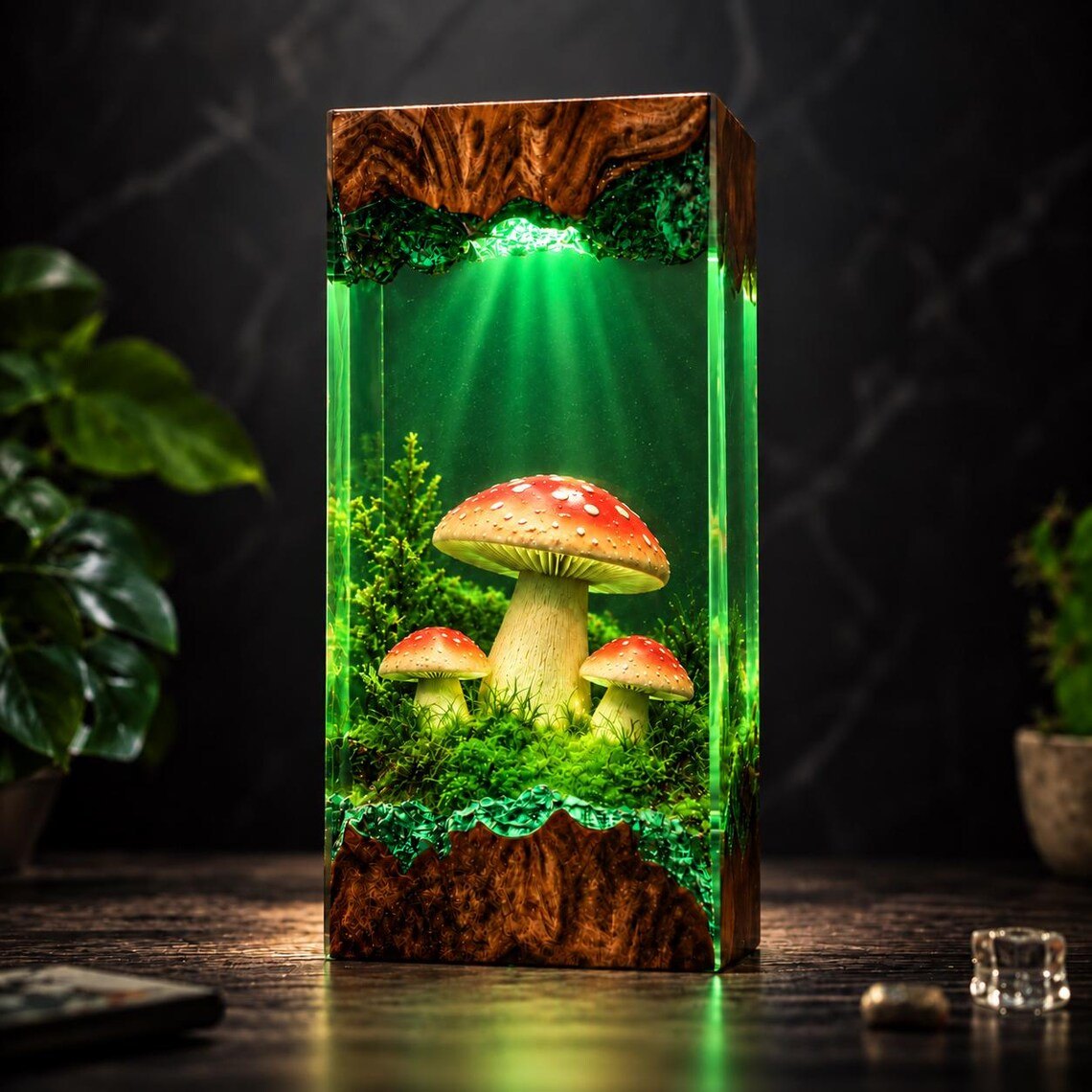Mushroom resin lamp in green light