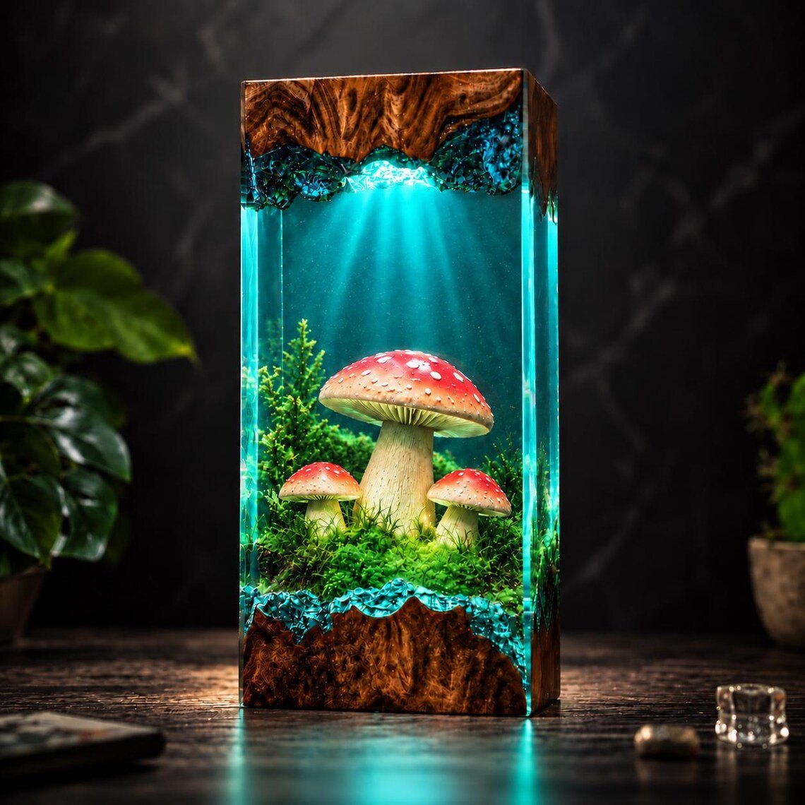 Mushroom resin lamp glowing teal on a dark table