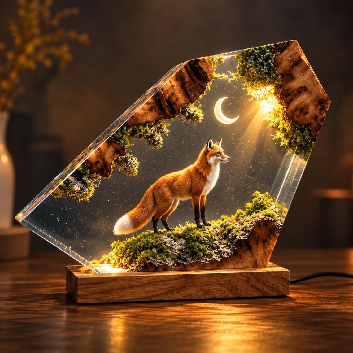 Red fox under crescent moon resin lamp glowing gold