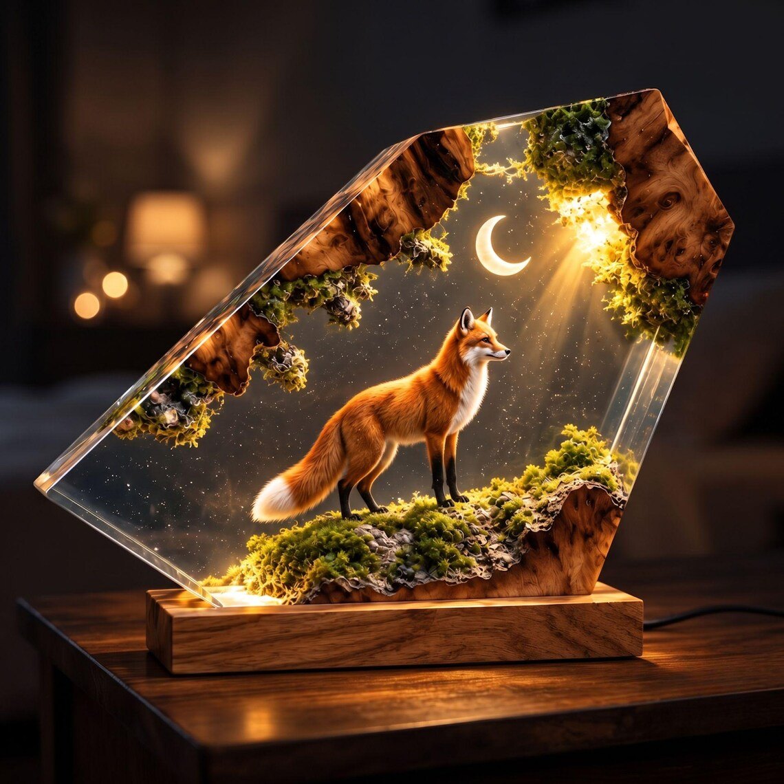 Red fox resin lamp on a bedside table