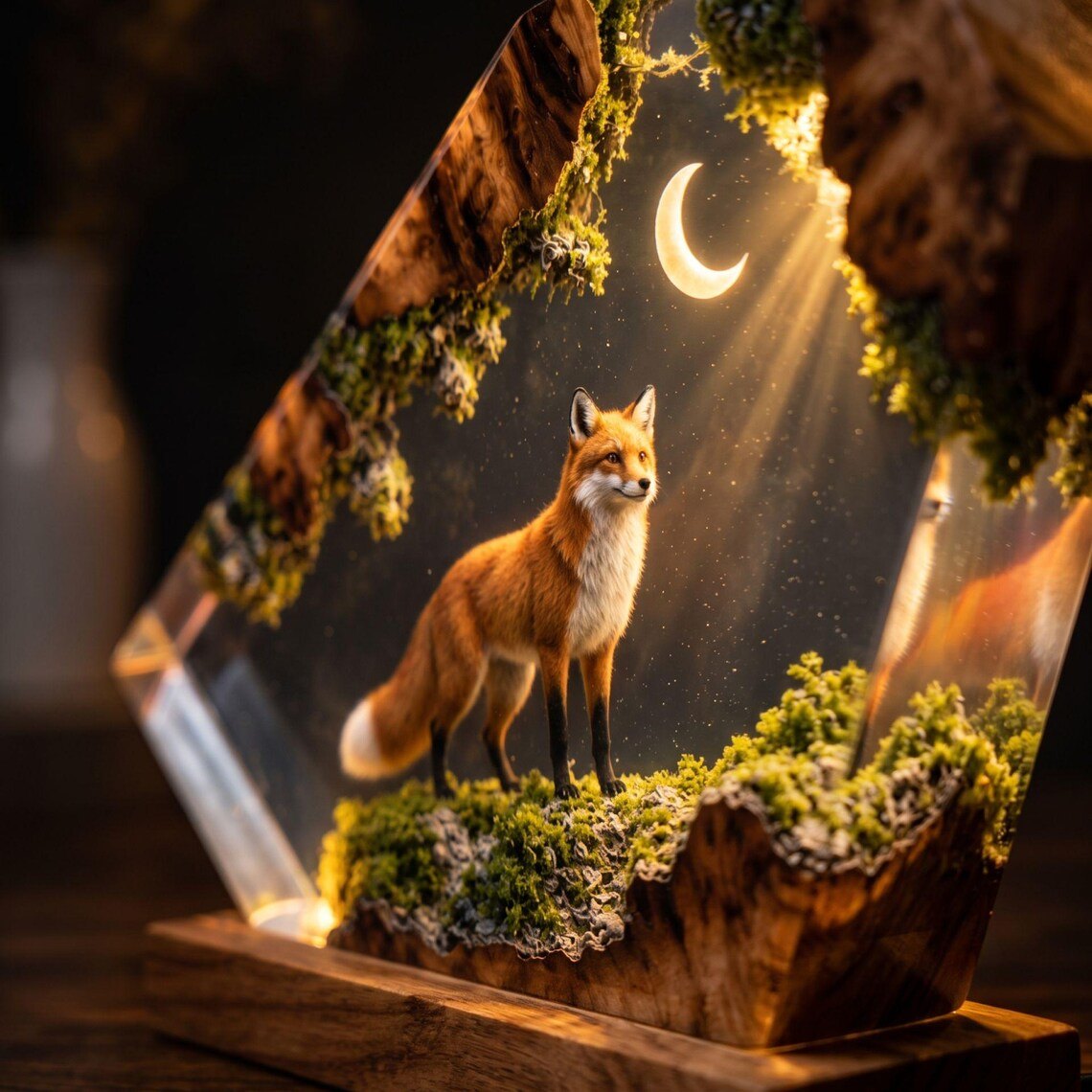 Close view of the red fox on green moss