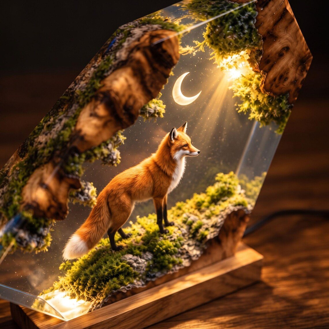 Close view of the fox gazing at the crescent moon