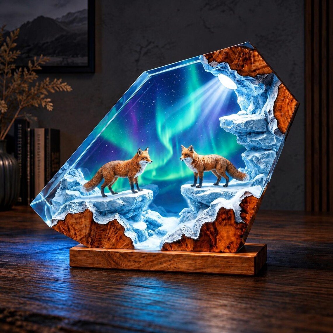 Two red foxes aurora resin lamp glowing blue on a desk