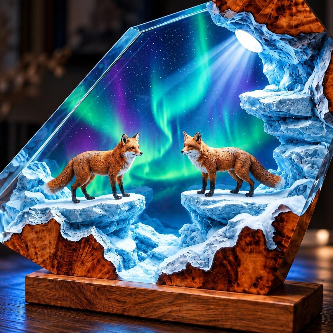 Close view of two foxes on ice ledges under the aurora