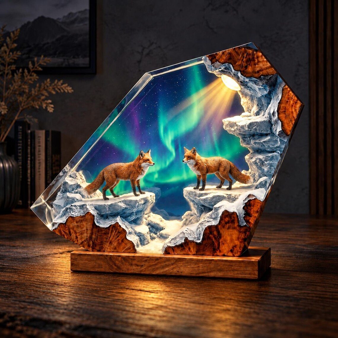 Fox aurora epoxy night light lit warm gold