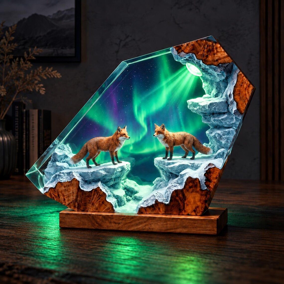 Two foxes northern lights resin lamp glowing green