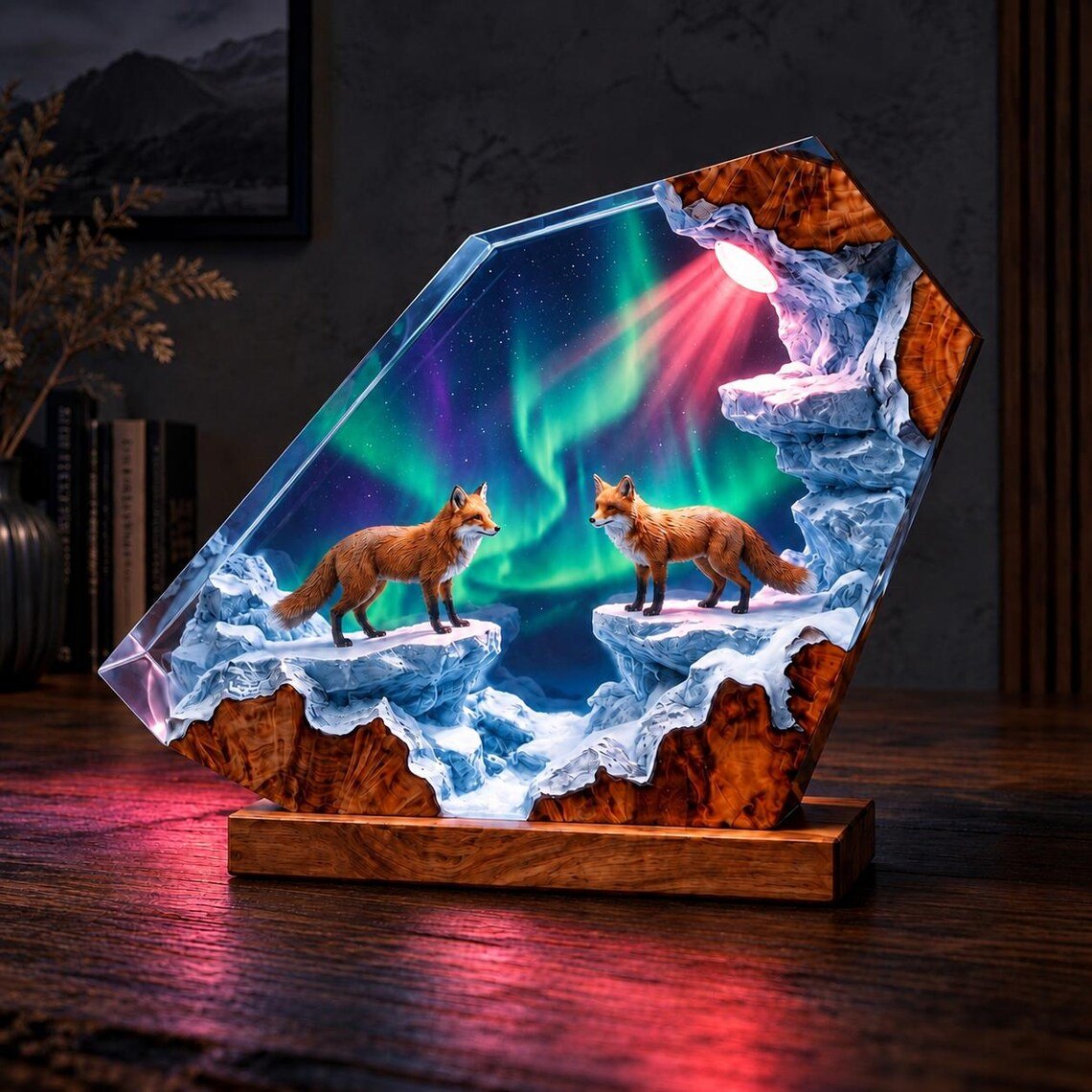 Fox aurora resin lamp lit in pink