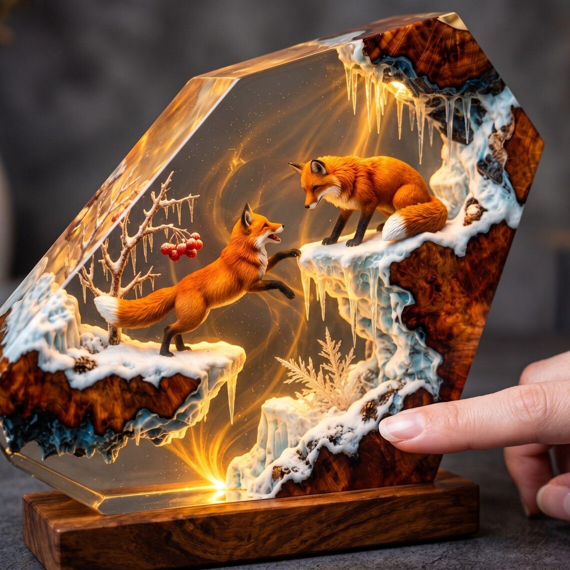 Hand holding the fox resin lamp to show its size and detail