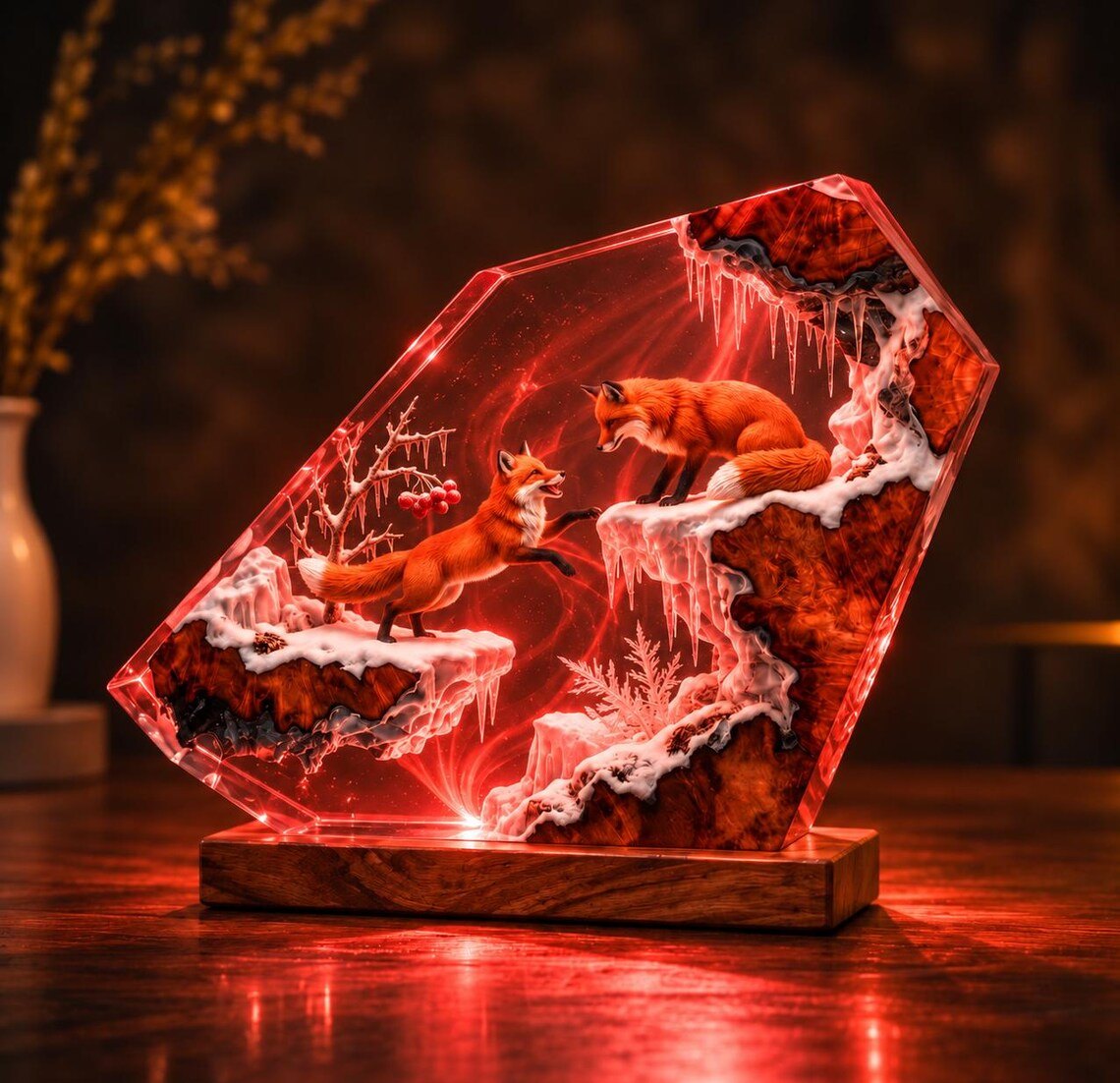 Fox frozen cliff resin lamp lit in red