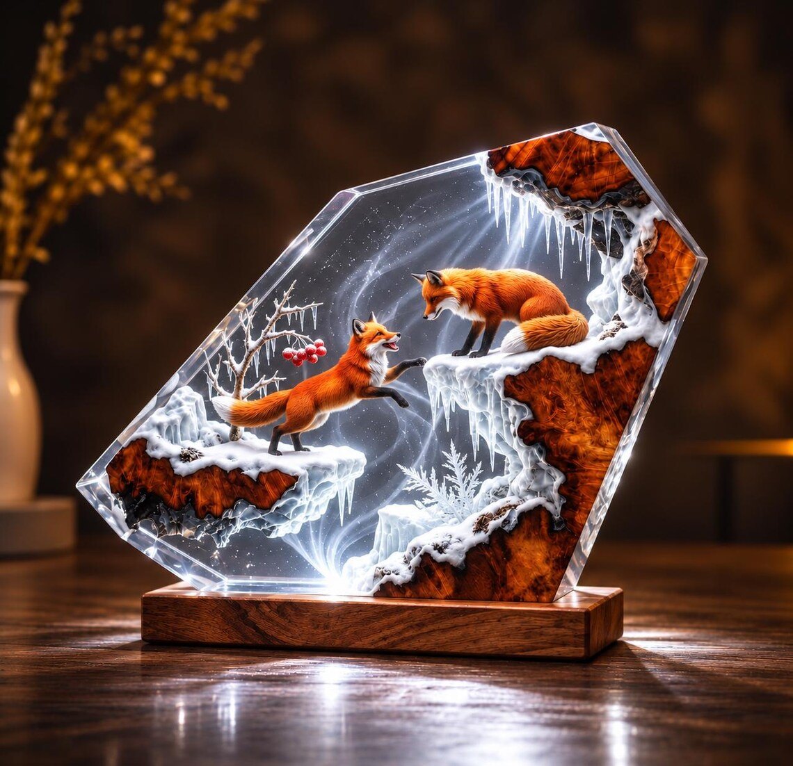Fox resin lamp glowing cool white