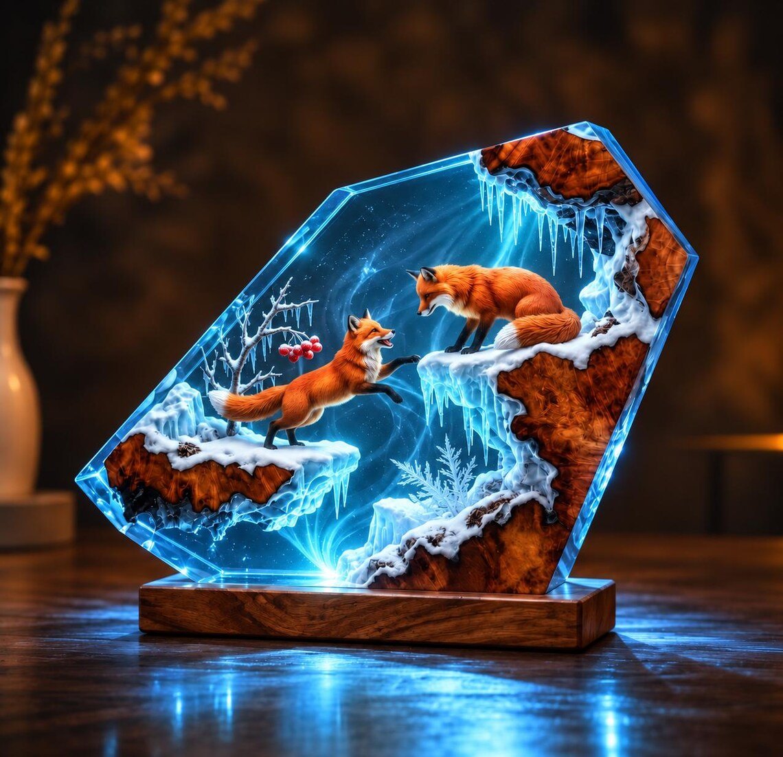 Fox resin lamp glowing blue