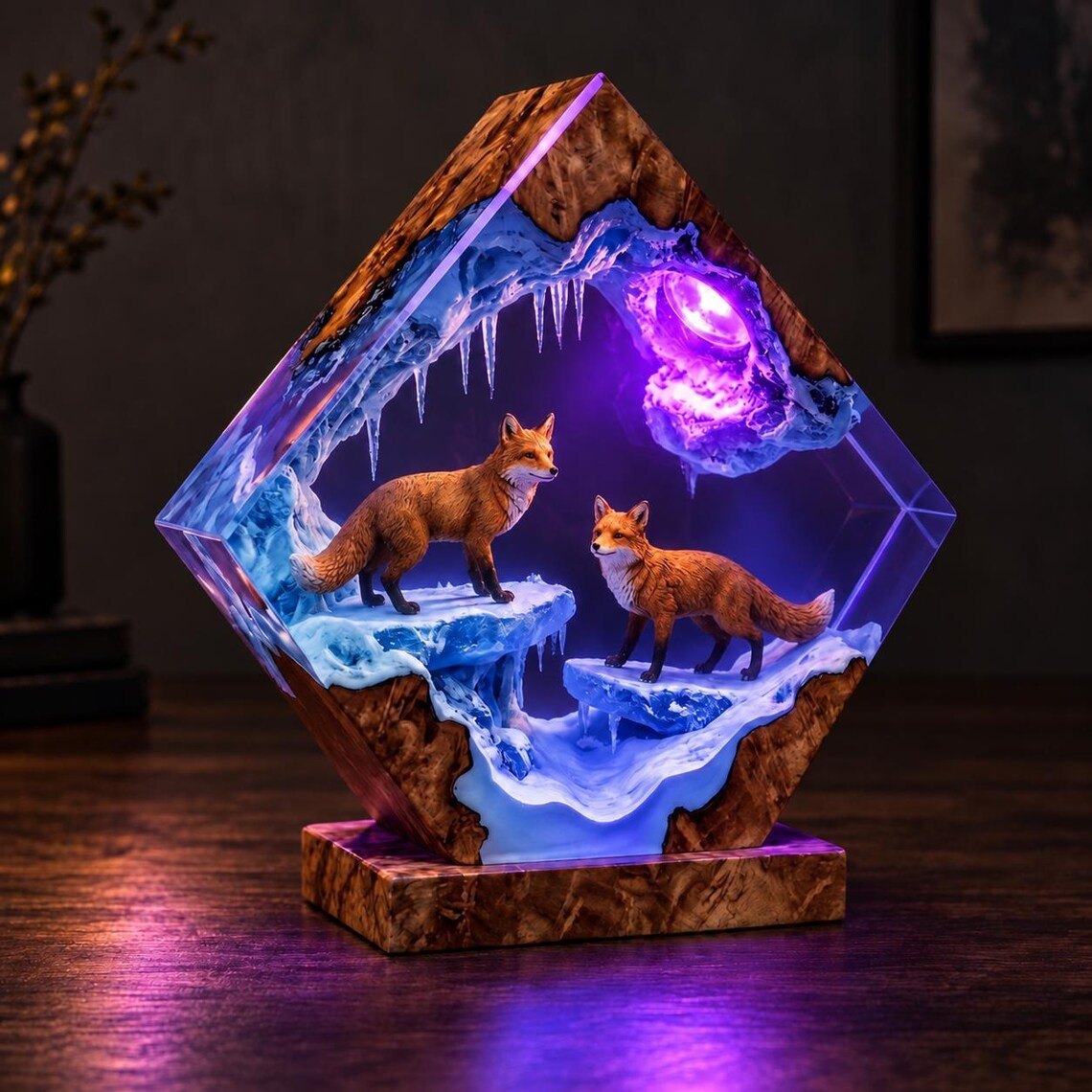 Fox diamond epoxy night light lit in violet