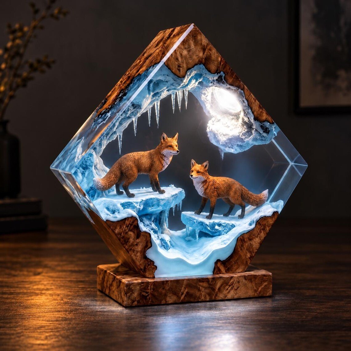Fox ice cave resin lamp glowing white
