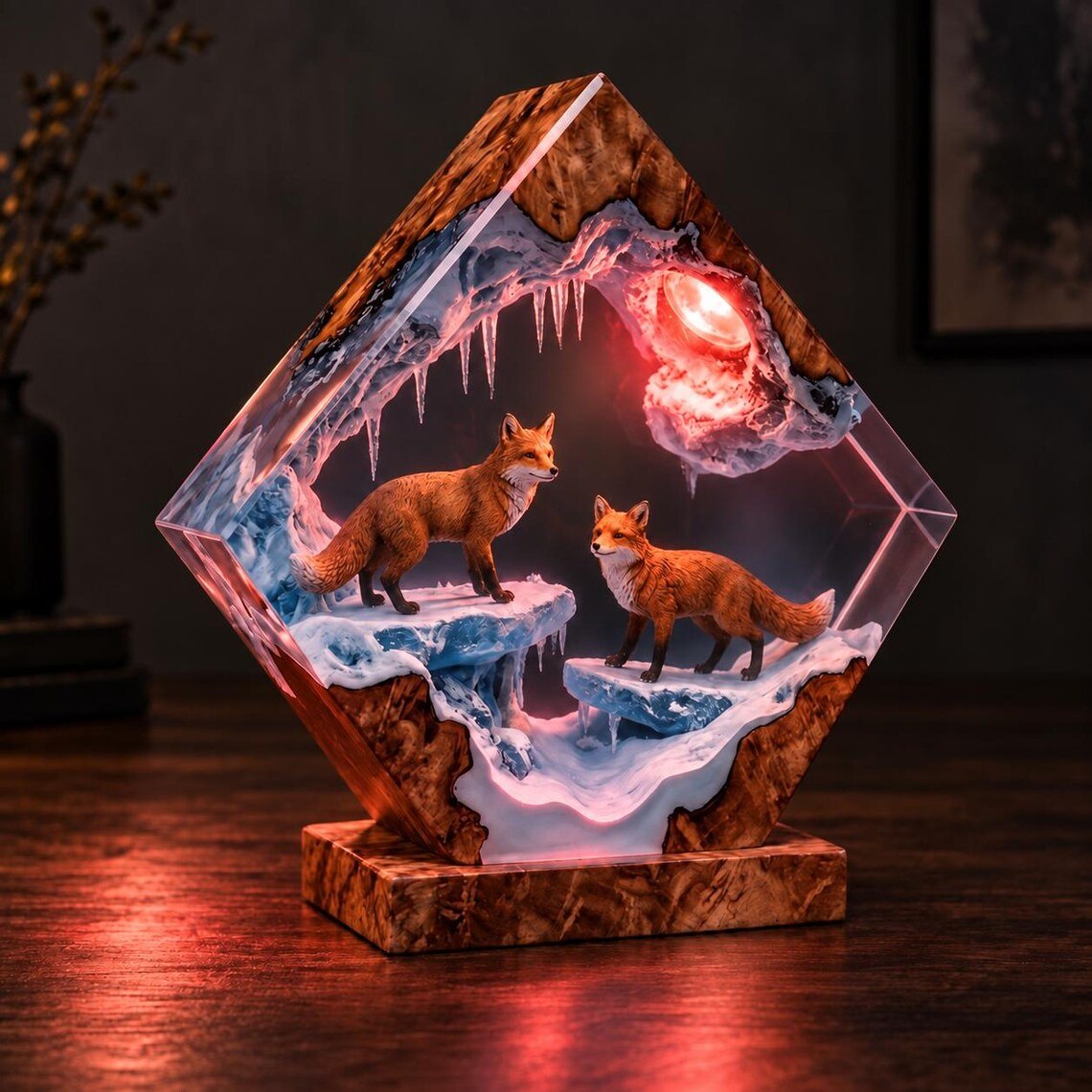 Fox ice cave resin lamp glowing red