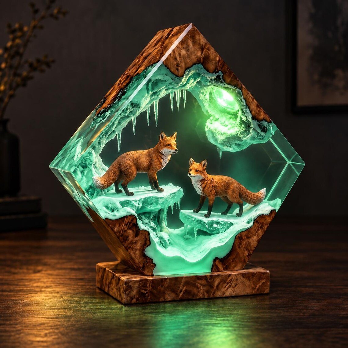Fox diamond resin lamp glowing green