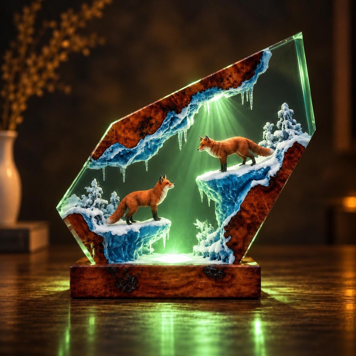 Fox resin lamp glowing green
