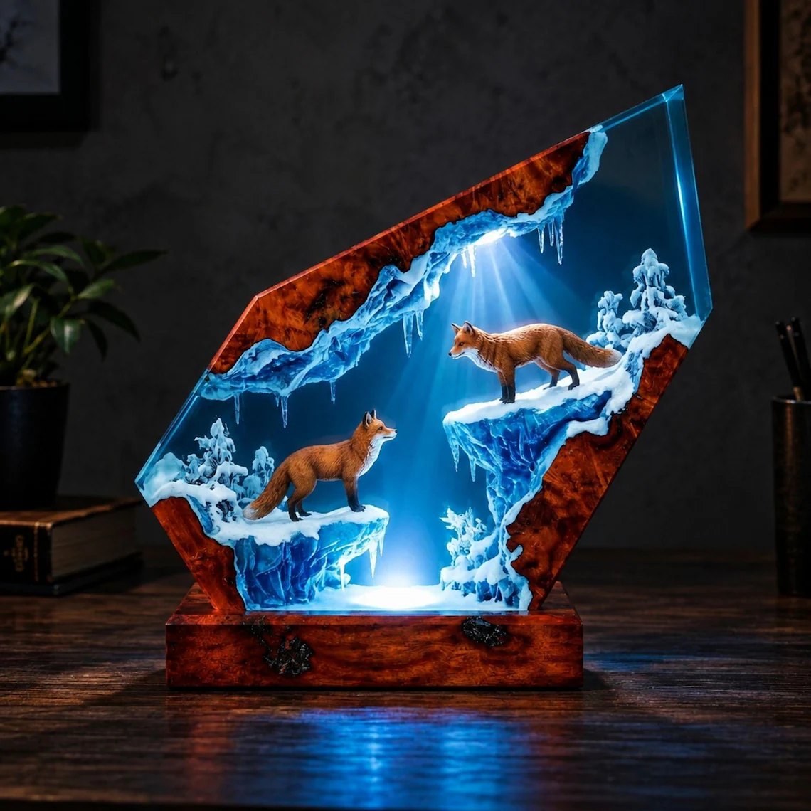 Close view of two red foxes on blue ice under a glowing light