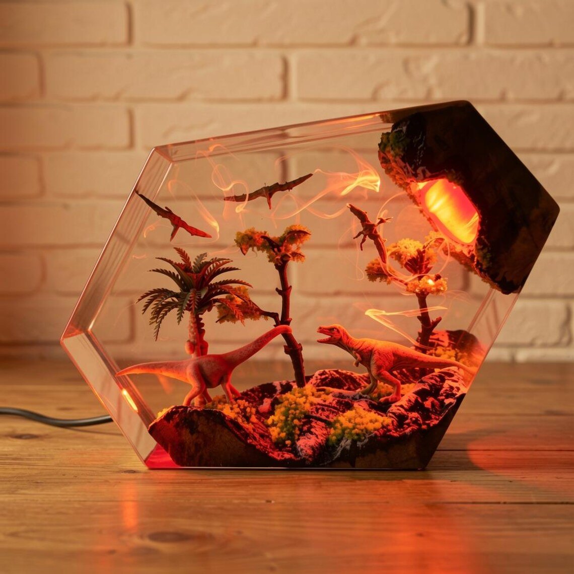 Prehistoric jungle hexagon resin lamp glowing red-orange
