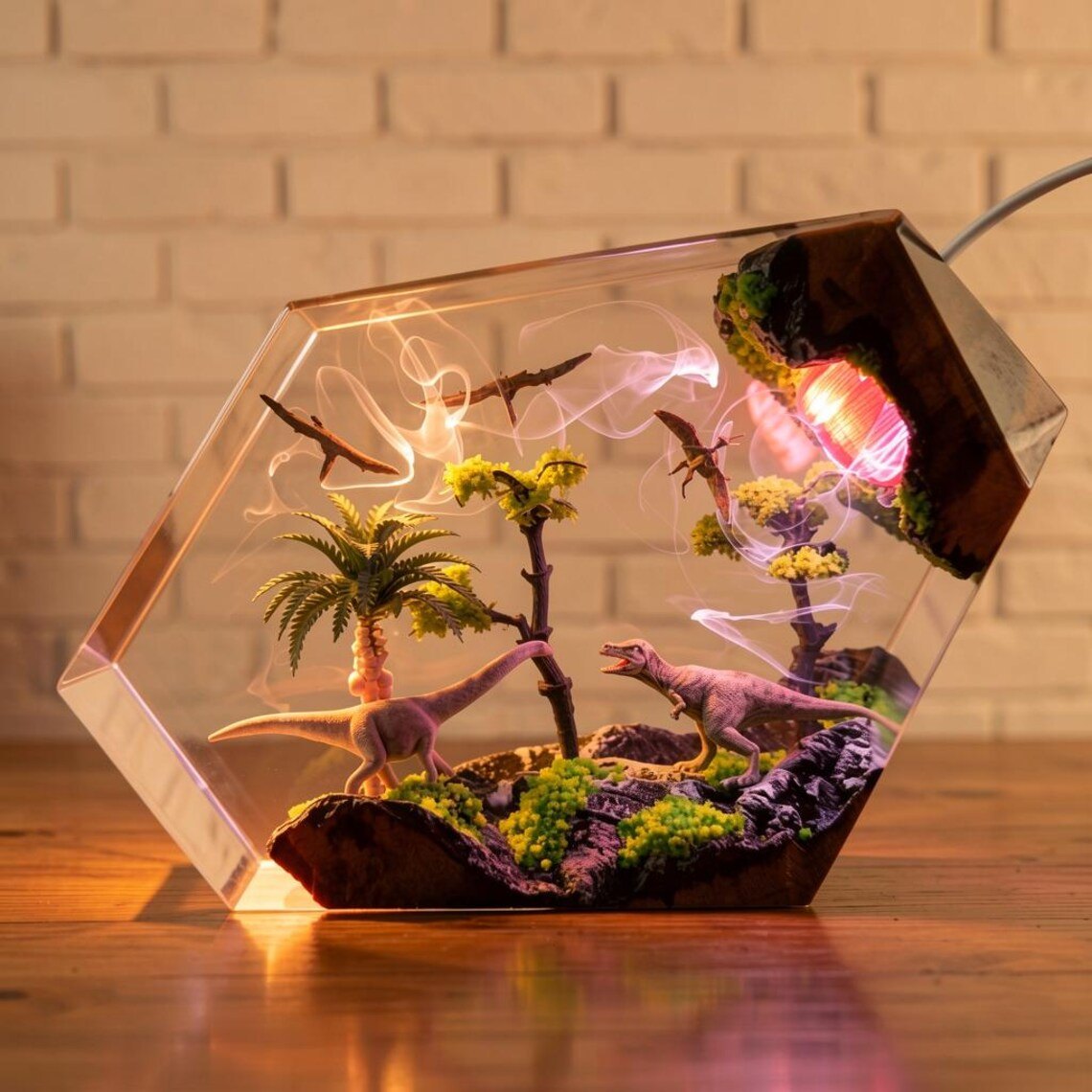Hexagon dinosaur resin lamp glowing pink and violet