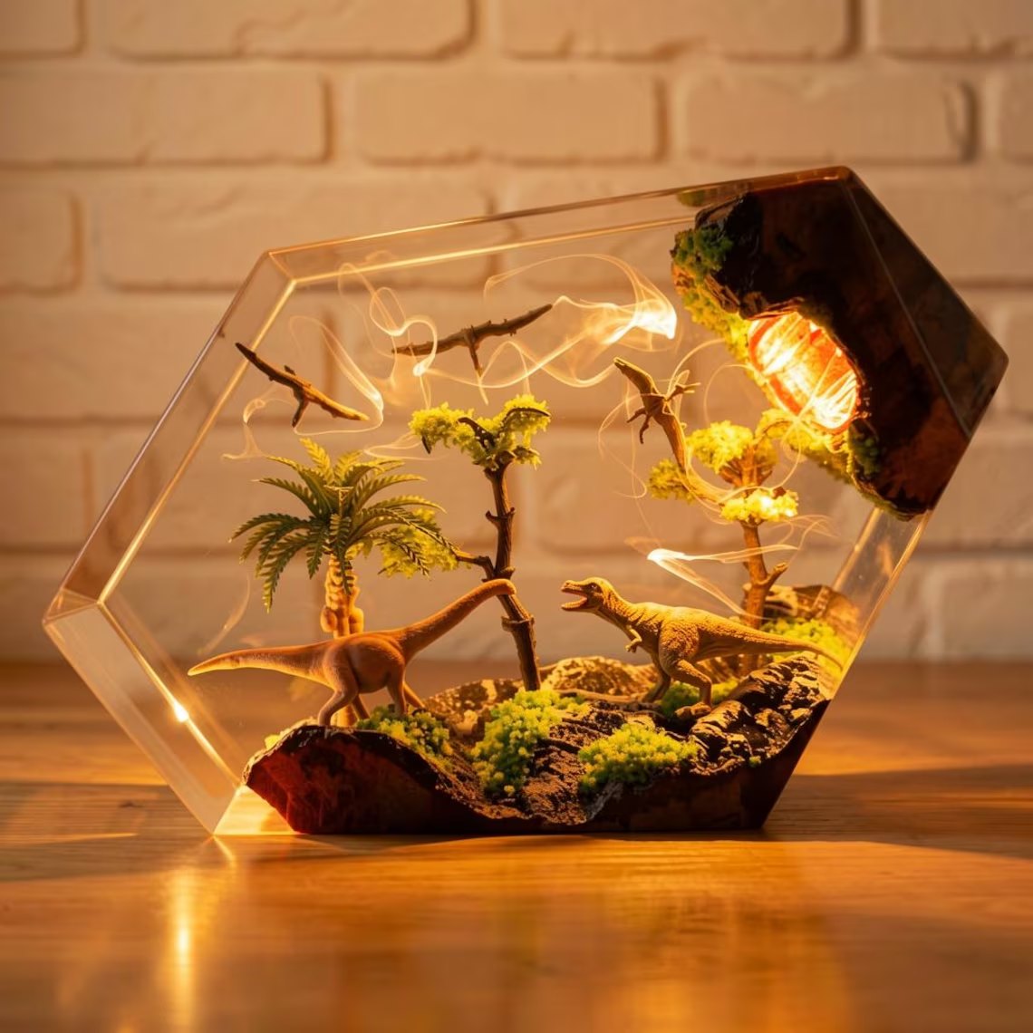 Dinosaur jungle resin lamp glowing amber on a wood table