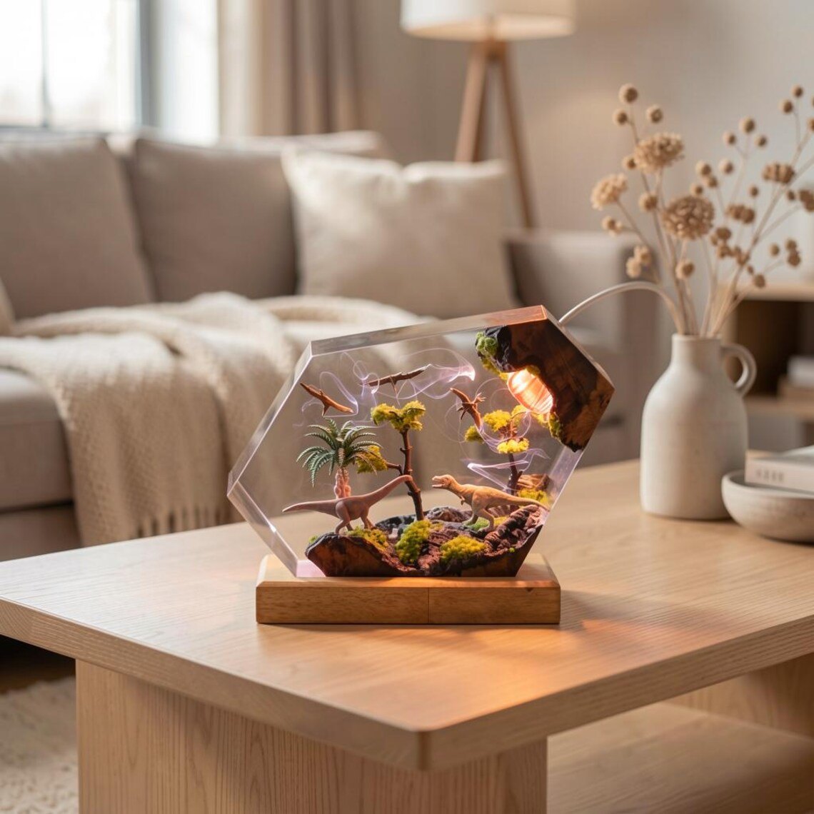 Hexagon dinosaur resin lamp on a light wood stand in a living room
