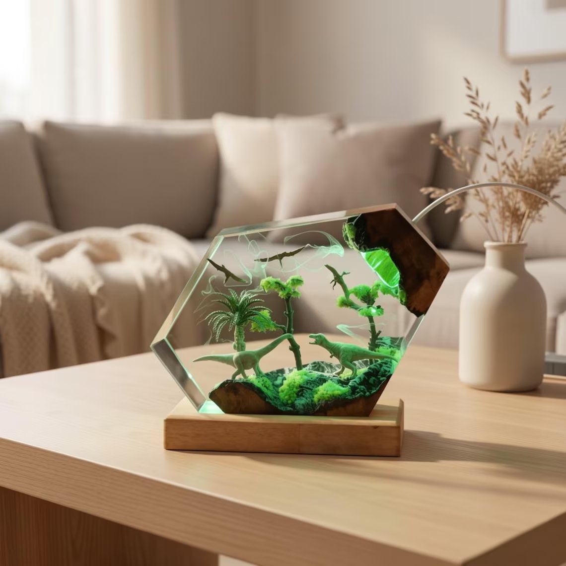 Dinosaur jungle resin lamp glowing green on a coffee table