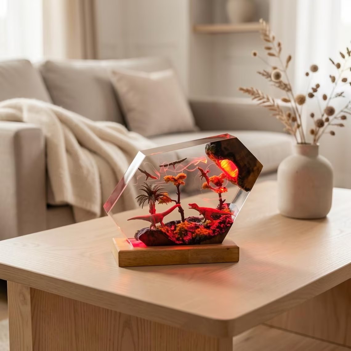 Dinosaur hexagon resin lamp glowing red on a coffee table
