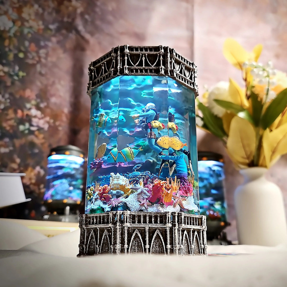 Front view of the reef resin lamp glowing blue
