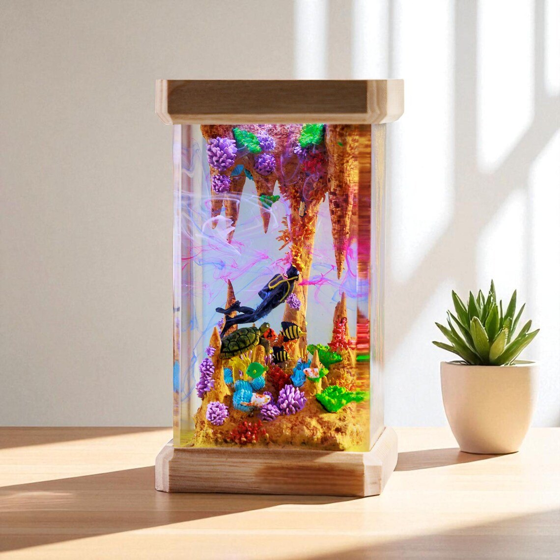 Front view of the scuba diver sea cave resin lamp