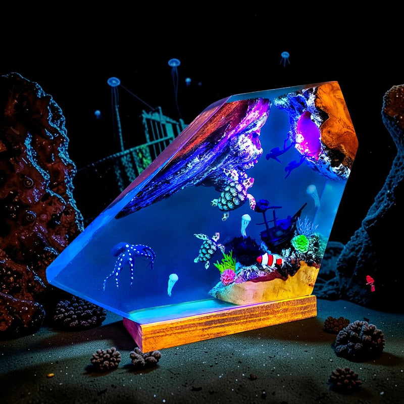 Epoxy Lamp — Sea Turtles, Shipwreck, Jellyfish & Divers Ocean Scene in Faceted Resin with Wood - view 1