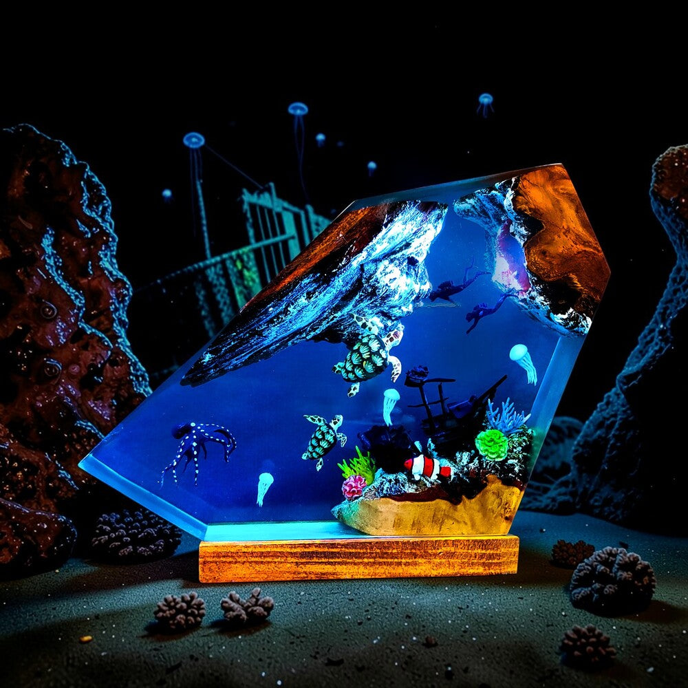 Epoxy Lamp — Sea Turtles, Shipwreck, Jellyfish & Divers Ocean Scene in Faceted Resin with Wood - view 3