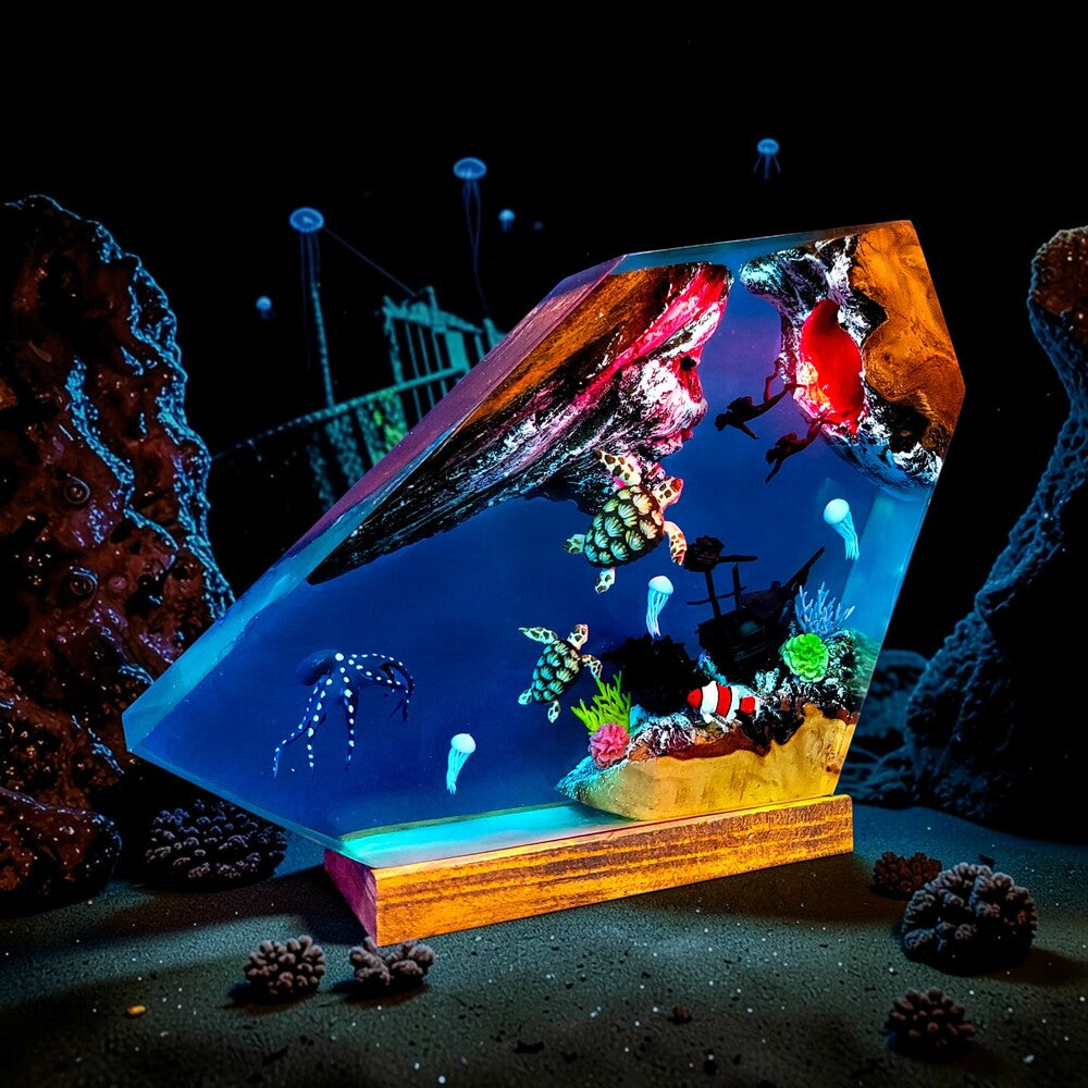Epoxy Lamp — Sea Turtles, Shipwreck, Jellyfish & Divers Ocean Scene in Faceted Resin with Wood - view 4